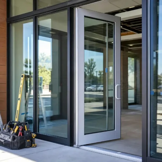 Commercial glass entrance doors being installed